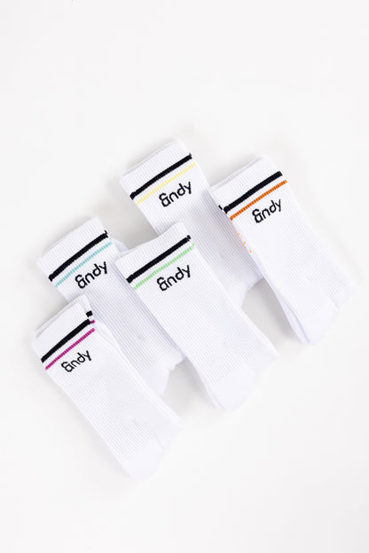 Set of white boxer briefs with '&ndy' branding on a white background