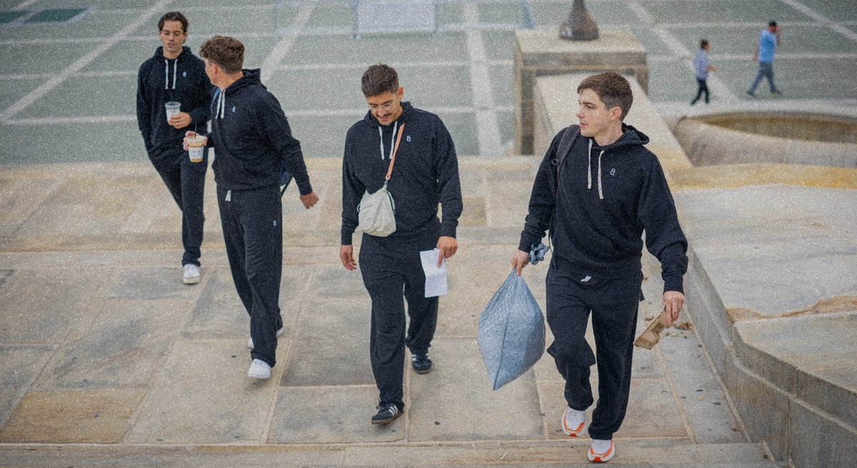 Four young men walking down outdoor stone steps, all wearing matching black athletic tracksuits. One man in the foreground carries a blue patterned bag and a brown paper bag, while another carries a white shoulder bag and papers.